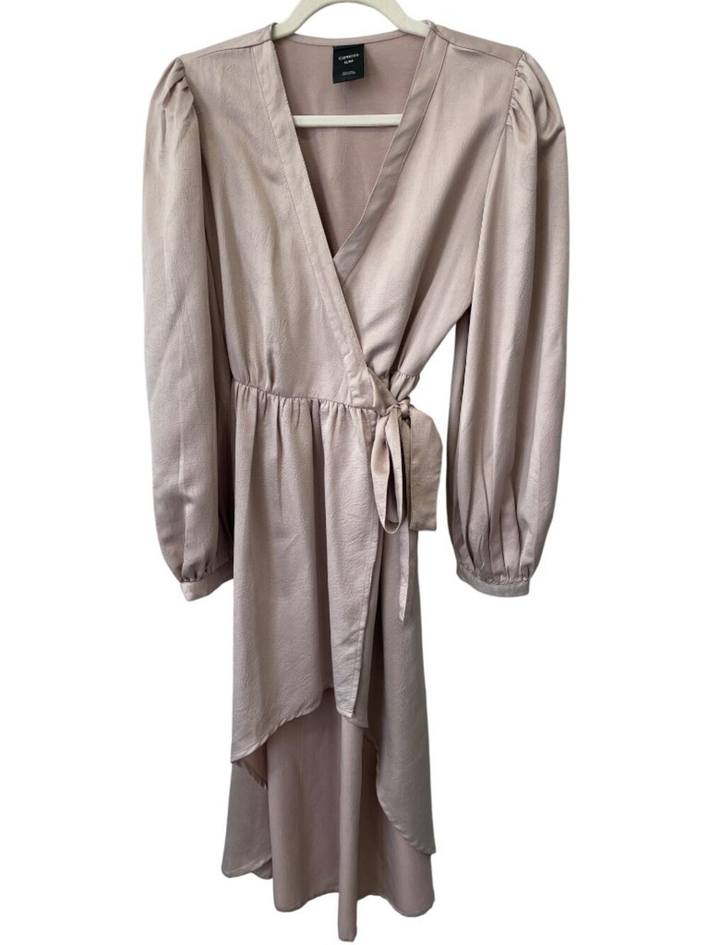 Express Wrap Midi Dress Small/Medium High Low Puff Long Sleeve Party Cocktail